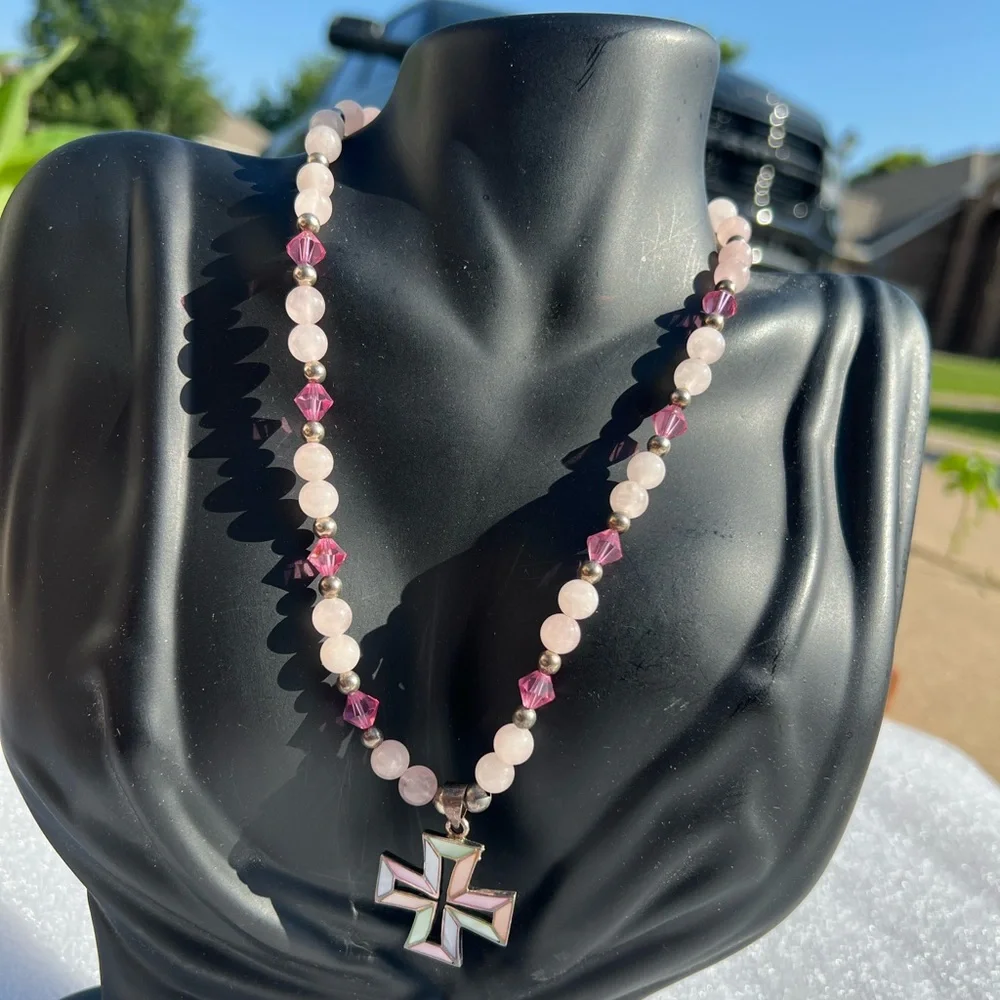 Vintage Handmade Crystal Natural Stone Mother of Pearl Pearlized Cross Necklace